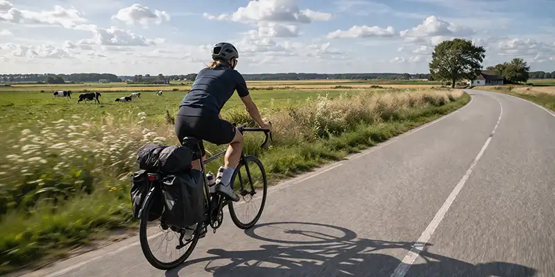 Rolig turcykling i åbent dansk landskab med jævn fart og afslappet position.