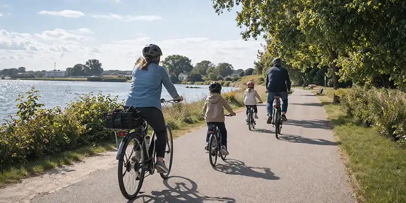 Familievenlig cykeltur i moderat fart på bred asfaltsti.