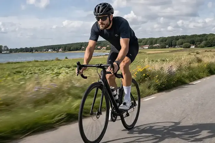 Cyklist i moderat tempo på flad dansk vej med rolig rytme og cirka 20 km/t.