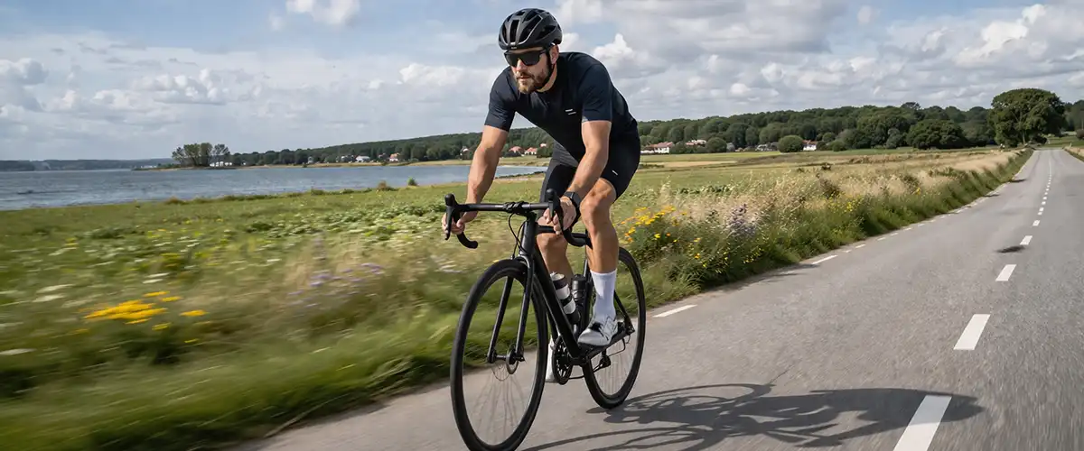 Cyklist i moderat tempo på flad dansk vej med rolig rytme og cirka 20 km/t.
