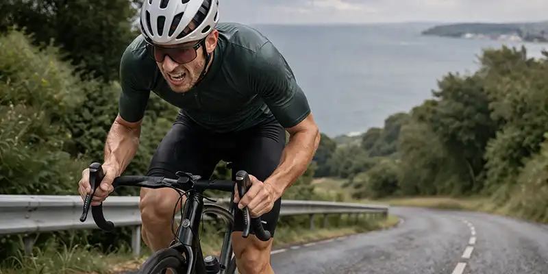 Grafisk landskab med stigende vej og tydelig fornemmelse af ekstra kraft i pedalerne.