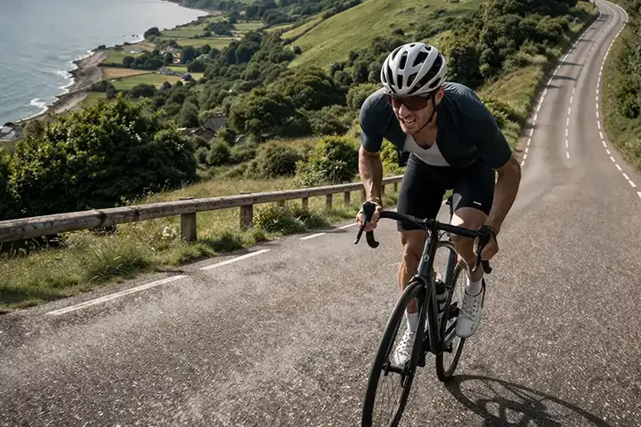 Cyklist på dansk bakke med tydelig stigning, kraftigt tråd og fokus på højdemeter.