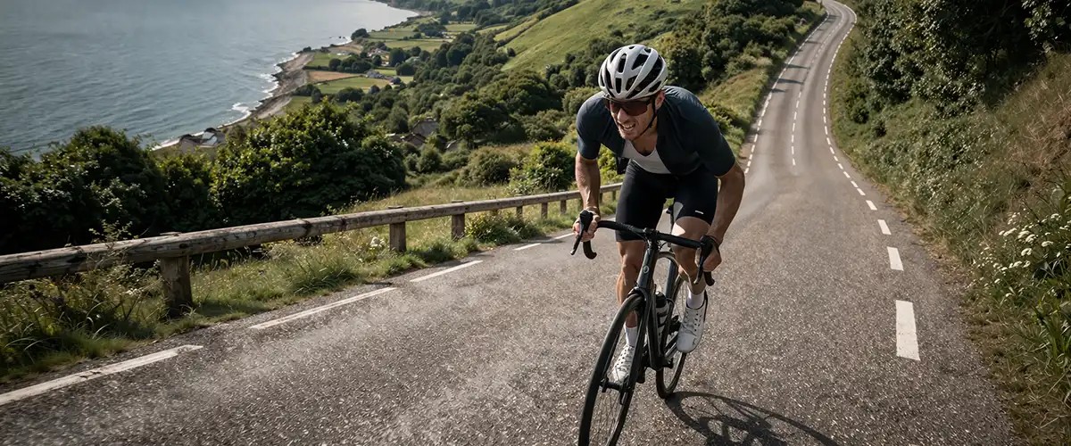 Cyklist på dansk bakke med tydelig stigning, kraftigt tråd og fokus på højdemeter.