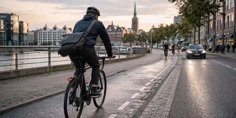 Hverdagscyklist på arbejdsrute gennem Aarhus med moderat fart og bynære stop.