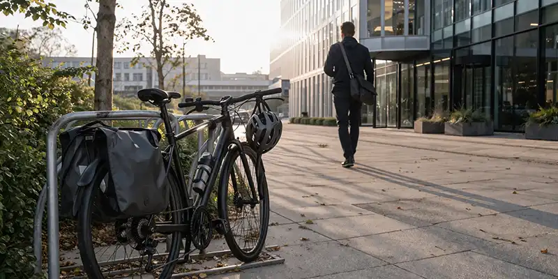 Pendlercykel parkeret ved arbejde efter en bynær tur med daglig gentagelse.