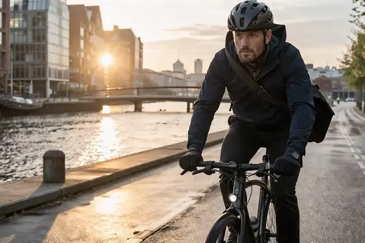 Pendler på cykel i Aarhus om morgenen med taske, bytrafik og en realistisk arbejdsrute.