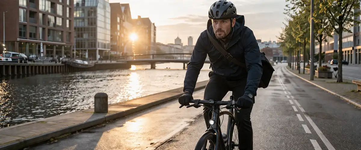 Pendler på cykel i Aarhus om morgenen med taske, bytrafik og en realistisk arbejdsrute.