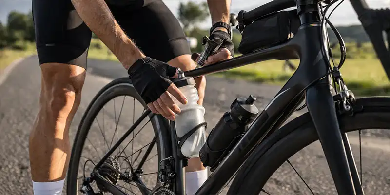 Langdistancerytter med energi, drikkedunke og udstyr klar til 100 km tur.