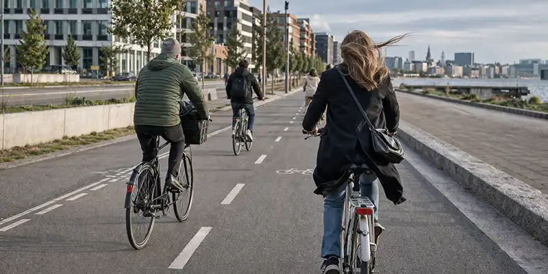 Cykelryttere på bynær cykelsti ved Amager med åbent udsyn og let sidevind.