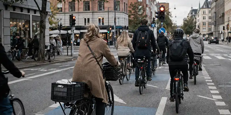 Tæt cykeltrafik på Nørrebrogade med lyskryds, opbremsninger og mange ryttere.