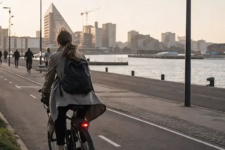 Cyklist på bred cykelsti i København med bybygninger, morgensol og en åben strækning mod Amager.