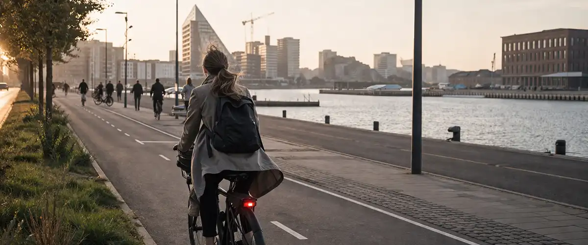 Cyklist på bred cykelsti i København med bybygninger, morgensol og en åben strækning mod Amager.