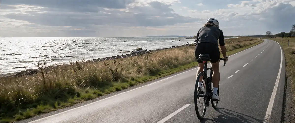 Cykelrytter på lang åben rute nær Køge Bugt med fokus på stabilt tempo og vind.