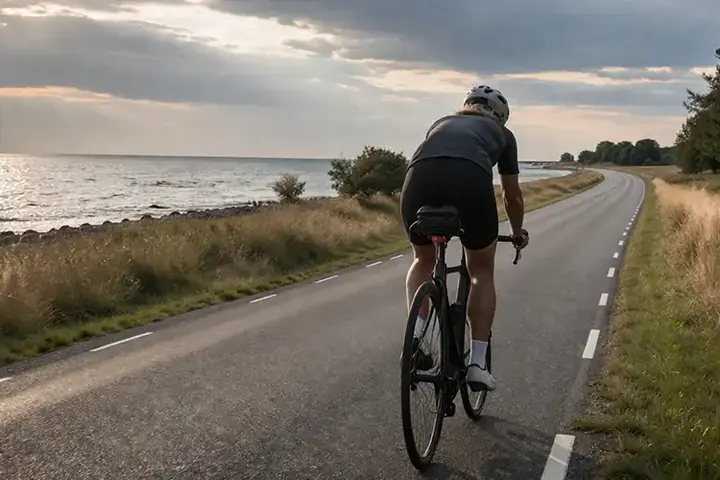 Landevejscyklist på længere rute på Sjælland med åbne kyststrækninger og rolige danske farver.