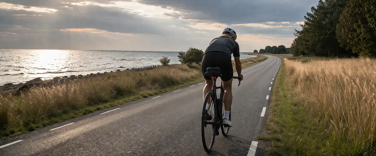 Landevejscyklist på længere rute på Sjælland med åbne kyststrækninger og rolige danske farver.