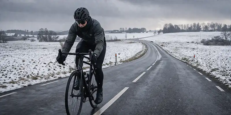 Udendørs vintercykling på kold dansk vej med lag-på-lag tøj og lav sol.