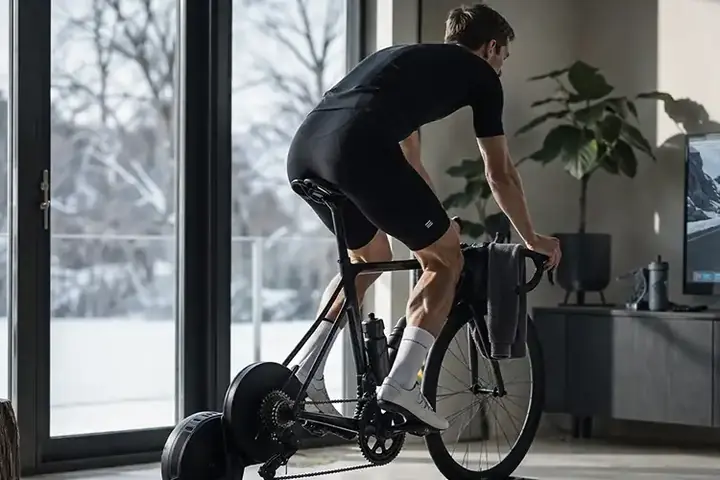 Cyklist på hometrainer indendørs med vinterlys i baggrunden og fokus på kontrolleret træning.
