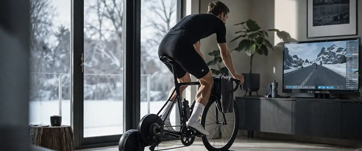 Cyklist på hometrainer indendørs med vinterlys i baggrunden og fokus på kontrolleret træning.