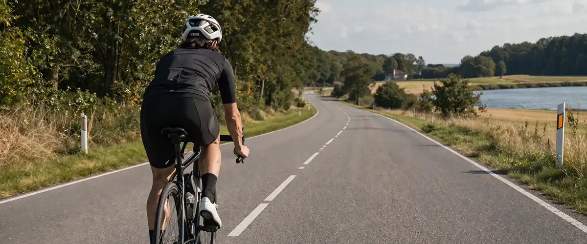 Cyklist i moderat tempo omkring 20 km/t på rolig landevej med stabil puls.