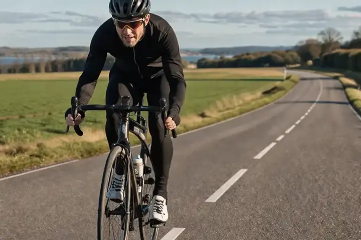 Motionist på cykel i jævnt tempo på dansk asfalt med fokus på en hel times sammenhængende kørsel.