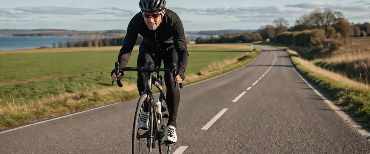 Motionist på cykel i jævnt tempo på dansk asfalt med fokus på en hel times sammenhængende kørsel.