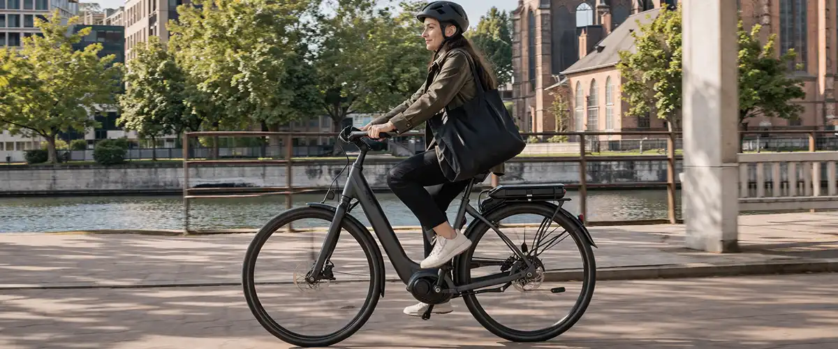 Elcyklist i dansk bymiljø med let assistance, åben cykelsti og pendlerpræg.