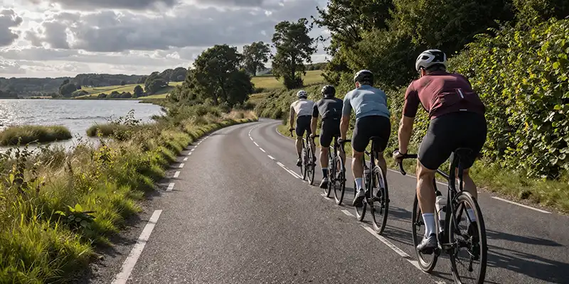 Lille gruppe cyklister på landevej med jævn fart og ø-landskab omkring sig.