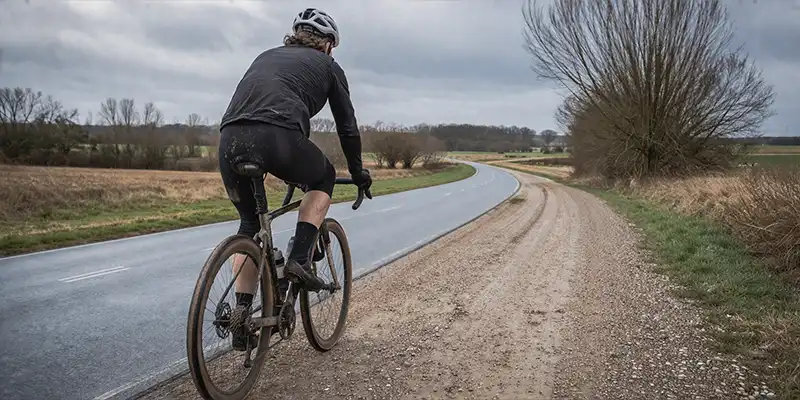 Rytter på blandet underlag mellem grus og fast vej i dansk landskab.