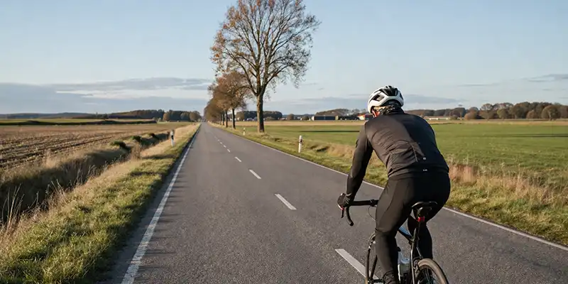 Cyklist i tempo på flad rute på Sjælland med lange lige strækninger.