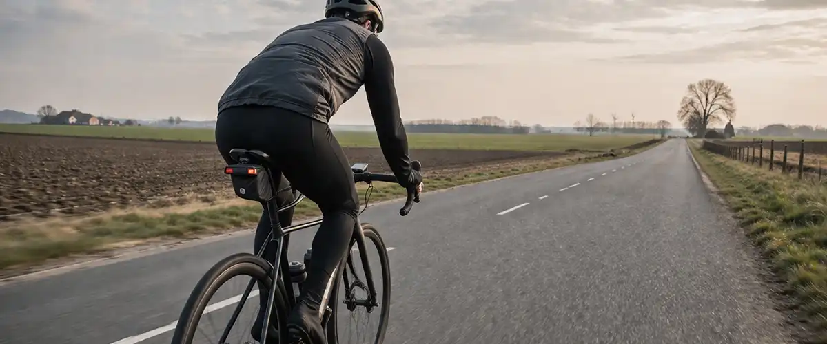 Landevejscyklist på åben dansk rute med fladt landskab, jævn asfalt og let vind over markerne.