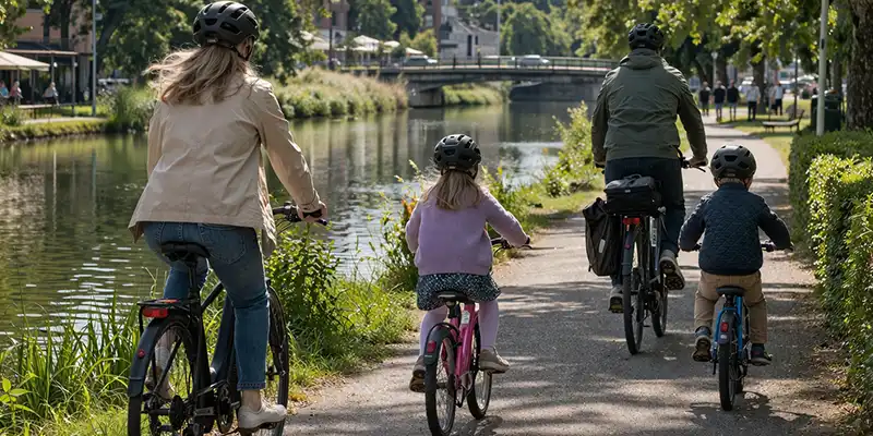 Familie på cykel på grøn sti i Odense med roligere tempo og hyppige stop.