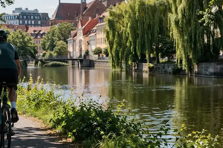 Cyklist på rolig rute langs Odense Kanal med grønne områder, jævn asfalt og åbent lys.