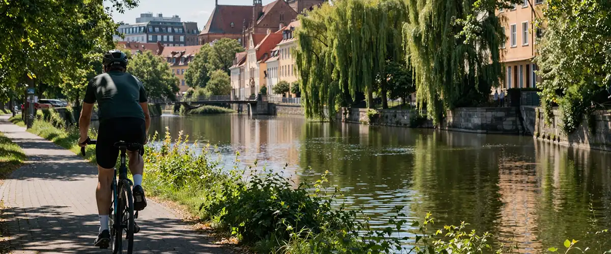 Cyklist på rolig rute langs Odense Kanal med grønne områder, jævn asfalt og åbent lys.