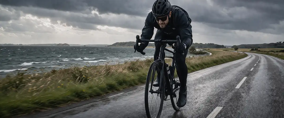 Rytter i modvind på åben landevej med lav position og tydelig belastning.