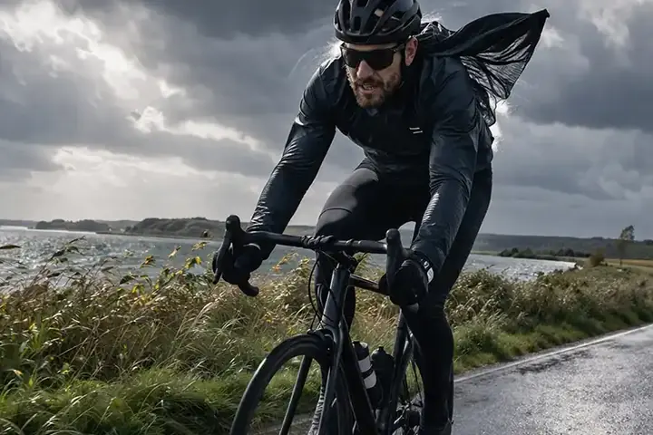 Cyklist i dansk blæsevejr på åben vej med mørke skyer og tydelig modvind.