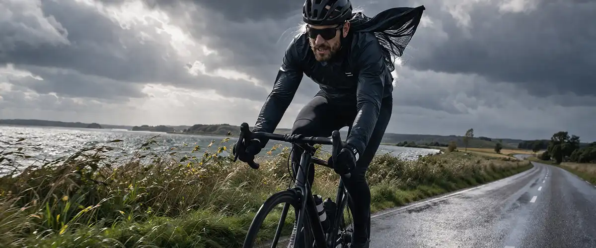 Cyklist i dansk blæsevejr på åben vej med mørke skyer og tydelig modvind.